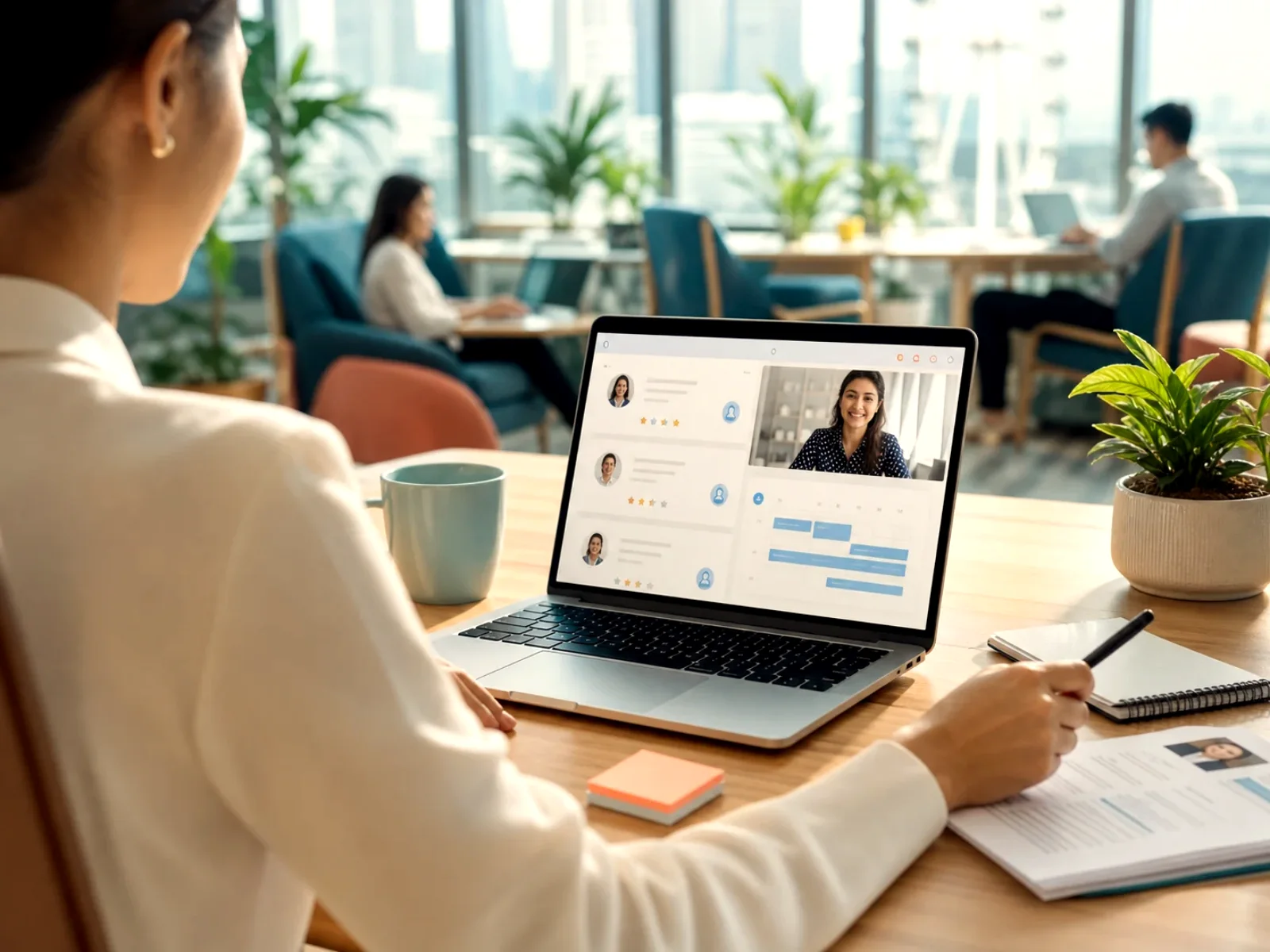 A hiring coordinator reviewing remote candidate applications on a laptop