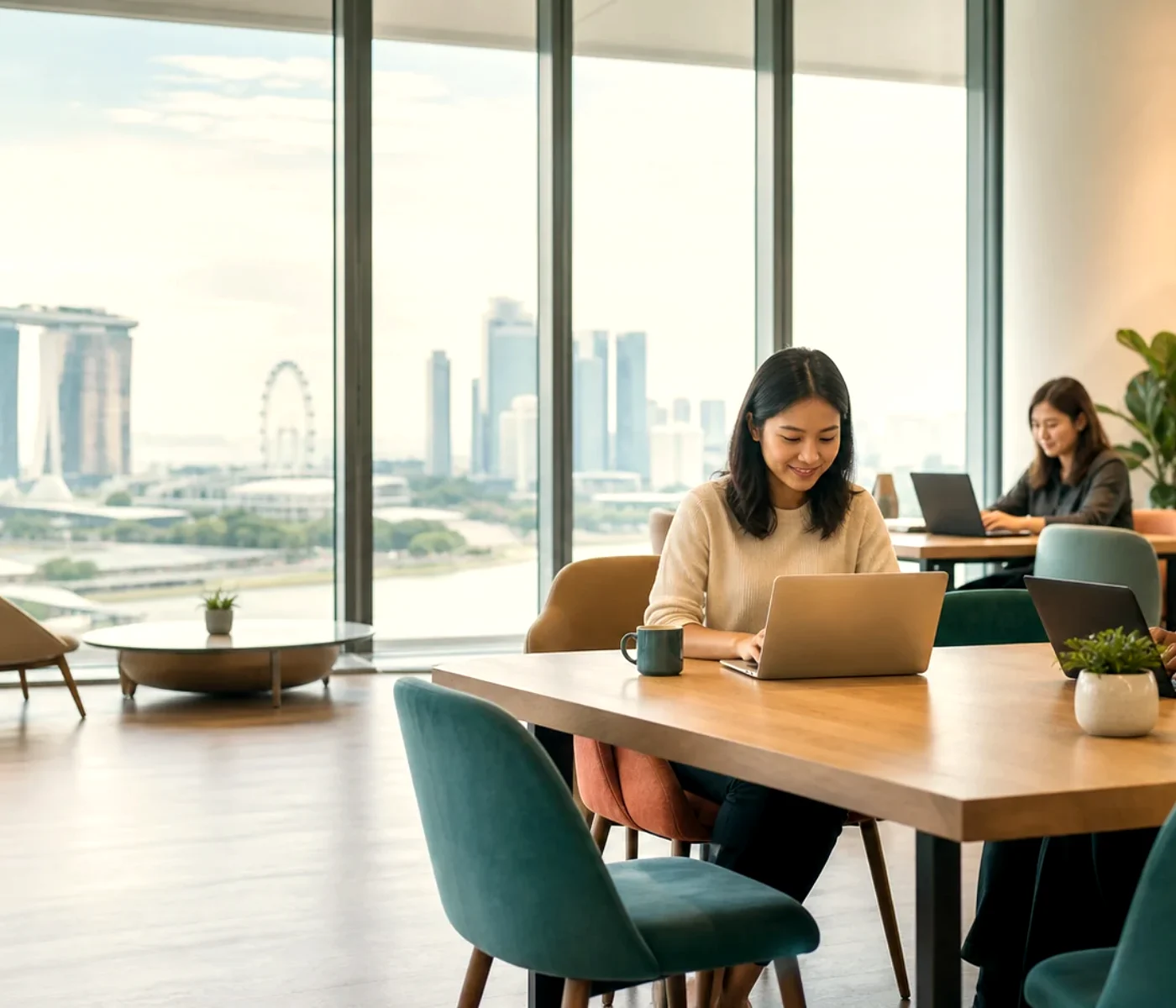 Colleagues working on laptops in a Singapore co-working space with the Marina Bay skyline behind them